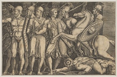 Trajan Fighting the Dacians, Trajan til hest til højre rider mod en gruppe ..., ca. 1515-1600. af Unbekannt