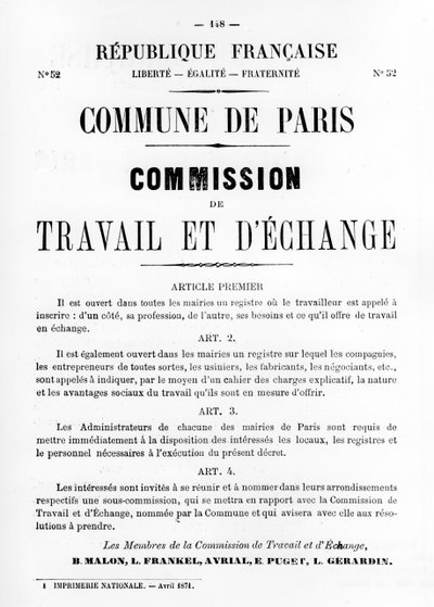 Travail et DEchange, fra franske politiske plakater fra Pariserkommunen, maj 1871 af Unbekannt