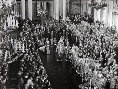 Zar Nicholas II ved åbningsceremonien for den første Duma, Skt. Petersborg, Rusland, 1906 af Unbekannt