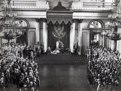 Zar Nicholas II taler ved åbningen af den første Duma, Skt. Petersborg, Rusland, 27. april 1906 af Unbekannt