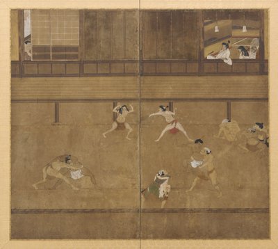 Skærm med to paneler, der viser wrestlere, Edo-perioden, 1600-tallet. af Unbekannt