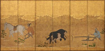 To bønder, der pløjer og harver en rismark, Edo-perioden, 1615-1868. af Unbekannt