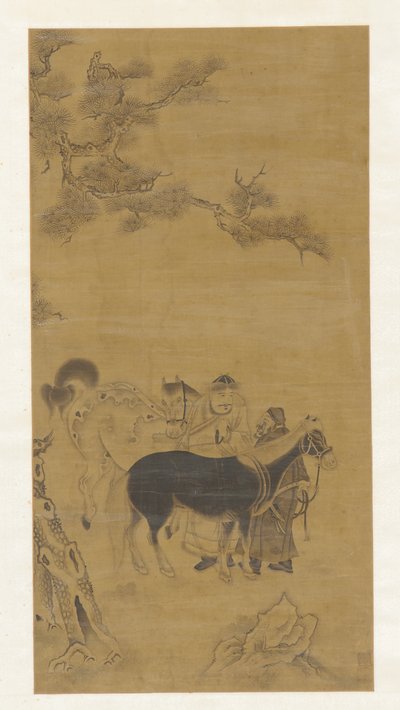 To mænd og to heste under et fyrretræ, Qing-dynastiet, 1700-tallet. af Unbekannt