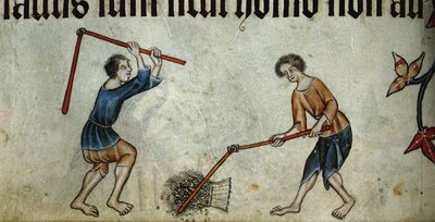 To mænd, der tærsker skær fra Luttrell-psalteren, ca. 1330 af Unbekannt