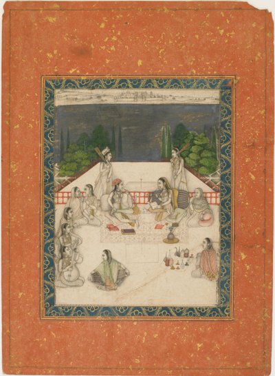 To kvinder siddende på en terrasse, omgivet af ledsagere og musikere, ca. 1650. af Unbekannt