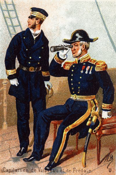 U: Kaptajnskibe og fregat. Indgravering i "Militæralfabet". Illustratorens initialer: A. D. Ukendt forlag. Kromolitografier sidst i det 19. århundrede. Mål: 10,5 x 7 cm. af Unbekannt