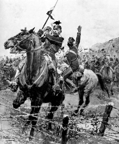 Uhlans kontrolleret med pigtråd nær Liege, Belgien, Første Verdenskrig, 1914 af Unbekannt