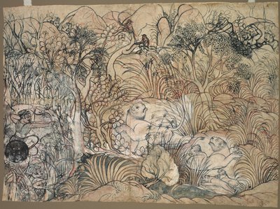 Umed Singh fra Kota Hunting Lions, ca. 1785-1790. af Unbekannt