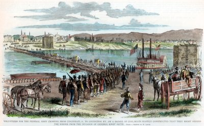 Fagforeningsfrivillige krydser Ohio-floden, Cincinnati, Ohio, Amerikansk borgerkrig, c1862 af Unbekannt
