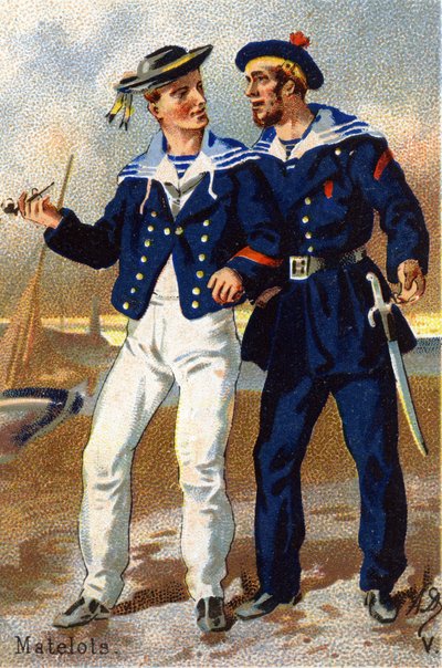 V: Sømænd. Indgravering i "Militæralfabet". Illustratorens initialer: A. D. Ukendt forlag. Kromolitografier sidst i det 19. århundrede. Mål: 10,5 x 7 cm. af Unbekannt