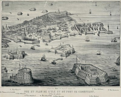 Udsigt og plan over øen og havnen i Kronstadt, ca. 1850 af Unbekannt