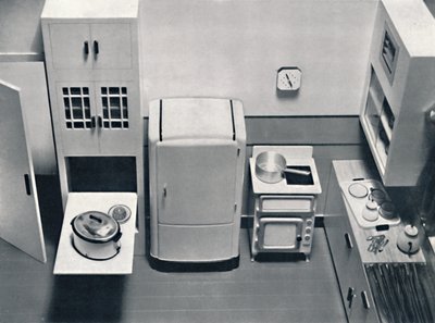 Udsigt til et køkken, designet af H.M.V. Husholdningsapparater, 1938 af Unbekannt