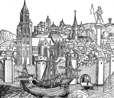 Udsigt over befæstet by, 1493 af Unbekannt