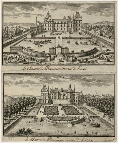 Udsigt over Château de Maintenon fra indgangen og fra haven, 1600-tallet. af Unbekannt