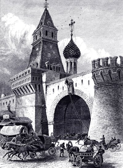 Udsigt over Nikolskaya Tower og Armory i Moskva, ca 1860 af Unbekannt