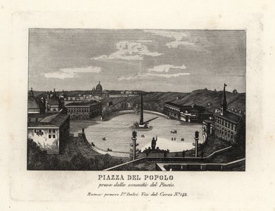 Udsigt over Piazza del Popolo, Place du Peuple, med en egyptisk obelisk af Ramses II fra Heliopolis, fra toppen af Pincian Hill, Rom af Unbekannt