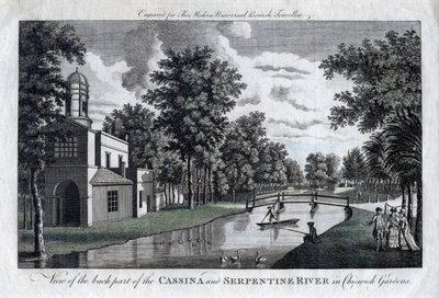 Udsigt over den bagerste del af Cassina og Serpentine River i Chiswick Gardens, London af Unbekannt