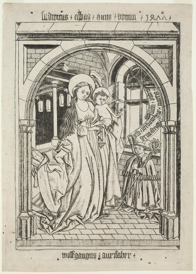 Jomfru og barn, Abbed Ludwig Knælende, 1400-tallet. af Unbekannt