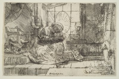 Jomfru og barn med katten: og Josef ved vinduet, 1654. af Unbekannt