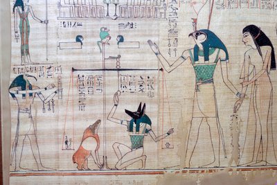 Vejning af den afdødes hjerte mod sandhedens fjer fra den egyptiske Deabog af Unbekannt