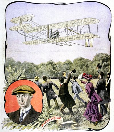Wilbur Wrights første flyvning i Europa på Hunaudieres-væddeløbsbanen nær Le Mans, Frankrig, 1908 af Unbekannt