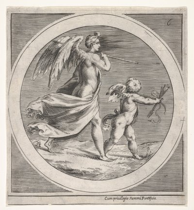 Bevinget kvindeskikkelse, draperet og bærende en stav, skridende bag en bevinget putto..., ca. 1550-1600. af Unbekannt