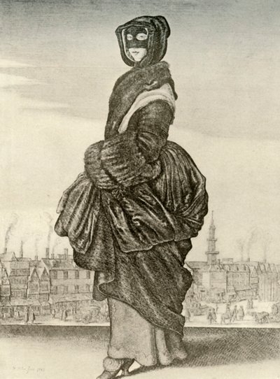 Vinter - Udendørs vinterkjole af engelsk kvinde, regeringstid af Charles I, c1620-1640, 1937 af Unbekannt