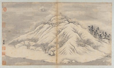 Vinterlandskab: en månebelyst bakke og bygninger, Qing-dynastiet, 1700-tallet. af Unbekannt