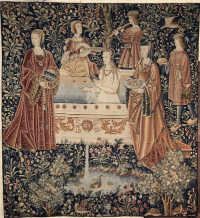 Kvinde bader omgivet af Attendants Tapestry serie La Vie Seigneuriale, ca. 1500 af Unbekannt