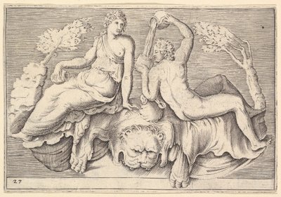 Kvinde og mand siddende på løveskind, mand skænker vin, udgivet ca. 1599-1622. af Unbekannt
