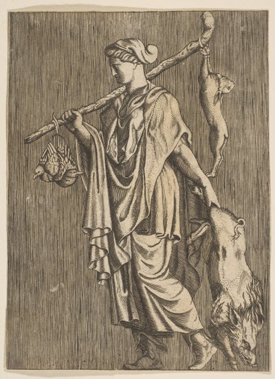 Kvinde, der vender tilbage fra en jagt med en orne i venstre hånd og en stok på r..., ca. 1515-1600. af Unbekannt