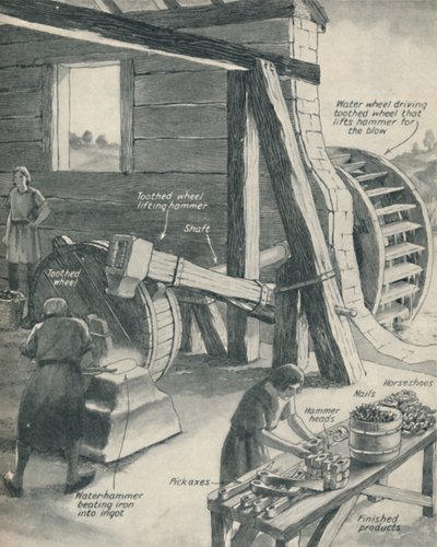 Arbejde i et jernstøberi og smedje i middelalderen, c1934 af Unbekannt