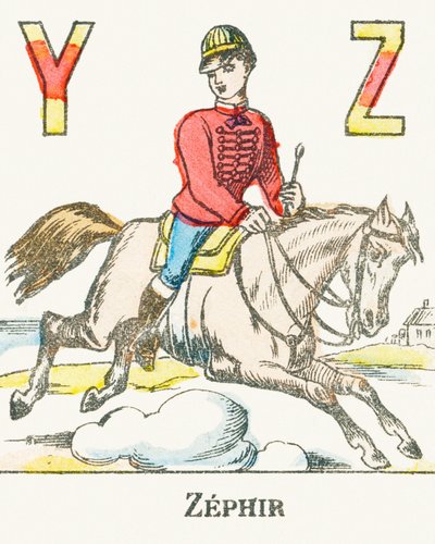 Z : Zephir, en rytter, der galopperer på sin hest ved navn Zephyr - Games Alphabet, ca. 1890 (gravering) af Unbekannt