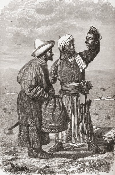 En afghansk soldat holder sin fjendes afhuggede hoved, illustration fra "The World in the Hands", graveret af Gauchard og Charles Barbant (død 1922), udgivet i 1878 af Unbekannt Unbekannt