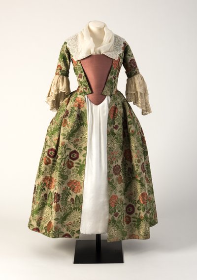 Grøn og pink brokade vævet silke åben kjortel, 1730