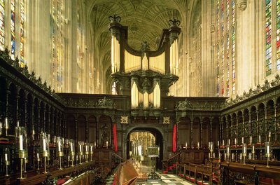 Indvendig udsigt, der viser gang og orgel, Kings College Chapel, Cambridge af Unbekannt Unbekannt