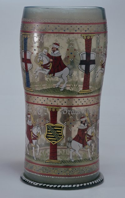 Kurfuersten Hupen (tysk valgglas) emaljeret med scener af kejser og syv kurfyrste, der rider på hvide heste, bøhmisk, 1625 af Unbekannt Unbekannt