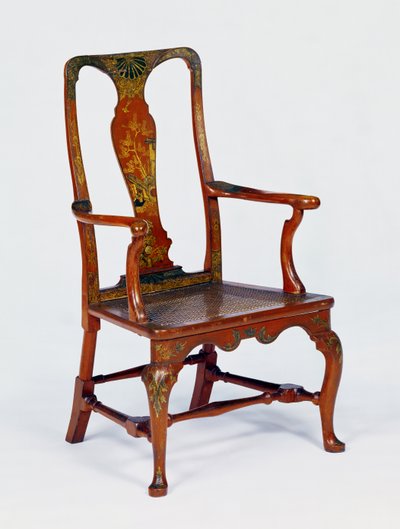 Queen Anne rød japansk lænestol med cabrioleben, ca. 1710 af Unbekannt Unbekannt