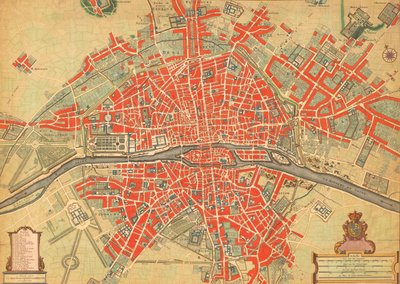 Kort over Paris, Frankrig, fra det 18. århundrede. (print) af Unbekannter Künstler