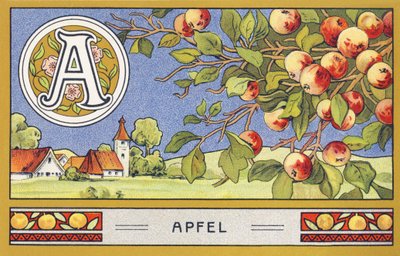 A: Æble - Alfabet Palmine. Serie af kromolitografier redigeret af H. Schlinck & Cie, Hamburg, s. d. . Annonce for Palmins fineste kokosfedt. Mål: 7 x 11 cm af Unbekannter Künstler