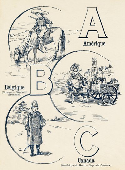 A B C: Amerika, Belgien, Canada - ABC af de to verdener. Emile Guerin, forlag, Paris, omkring 1900. Mål: 27,5 x 21,5 cm af Unbekannt