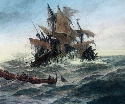 Et dansk skib, som vil bringe hjælp til byen Stralsund, er ved at forlist af Unbekannter Künstler