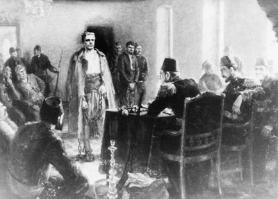 Et maleri af Kalina Tasseva, der forestiller den bulgarske revolutionær Vasil Levski, foran en domstol i det osmanniske imperium af Unbekannt
