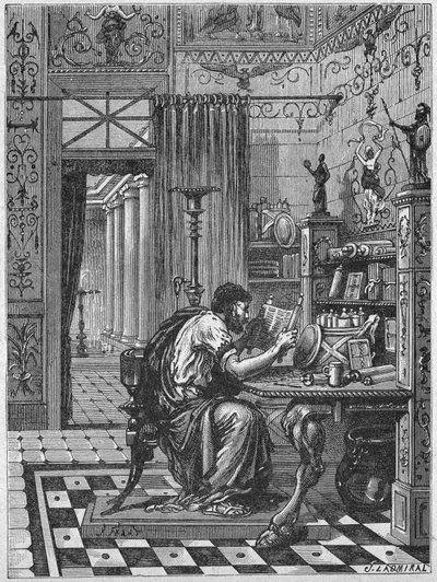 En romer i sit bibliotek, ca. 1880 (Kobberstik) af Unbekannter Künstler