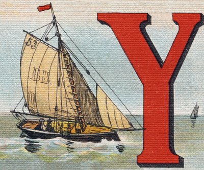 En Yacht. Indgravering i "Alphabet de ma petite fille". Bernardin-Bechet og Fils, boghandler-forlag, Paris, omkring 1895. Ubrydeligt album på lærred. Bibliotheque des Bebes. 12 sider. Album indeholdende en læsemetode og et illustrativt abecedarium. Svag: af Unbekannt