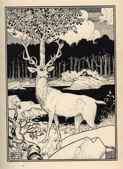 Et kirsebærtræ på hovedet af en hjort rørt af stenene fra kirsebærspyd af Baron de Munchausen Illustration af William Strang (1859-1921) og JB Clark hentet fra "The Adventures of the Baron of Munchausen (Munchhausen) af Rudolf Erich Raspe (1736- af Unbekannt
