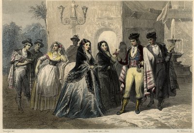 En galante scene på Mallorca (Mallorca, Mallorca), en ung mand tilbyder en blomst til en pige. i bogen om Middelhavet af Louis Enault (1824-1900), en fransk journalist og rejsende. af Unbekannter Künstler