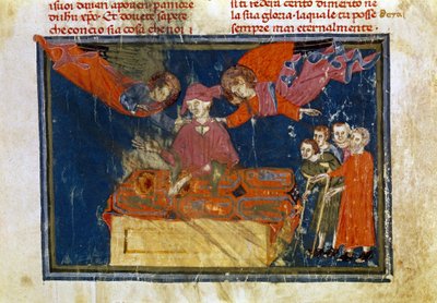En gruppe syge mennesker og en herre, der gør et barmhjertigt arbejde ved at hjælpe dem. Miniature taget fra 