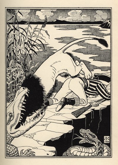 En løve, der ville angribe baronen de Munchausen, endte med en krokodille. Illustration af William Strang (1859-1921) og JB Clark fra "The Adventures of the Baron of Munchausen (Munchhausen) af Rudolf Erich Raspe (1736-1794) (1789) af Unbekannt
