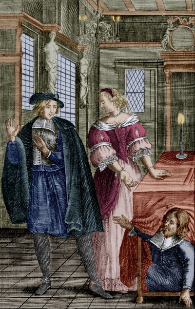 En scene i stykket "Tartuffe" af Moliere (1664) med Orgon (under bordet), Elmire, hans kone, og Tartuffe, kobberstik af Unbekannter Künstler